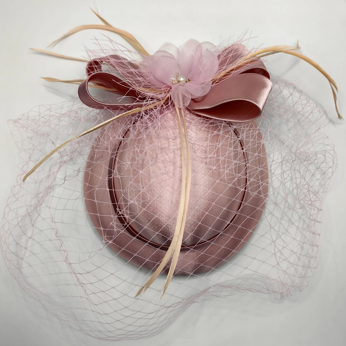 Satin Fascinator Hat With Veil, Bridal Rhiunstone Beaded Hat Fashion Hat for Women Ladies