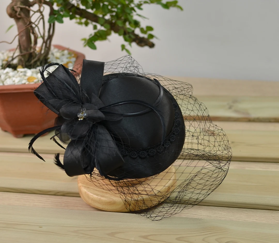 Satin Fascinator Hat With Veil, Bridal Rhiunstone Beaded Hat Fashion Hat for Women Ladies