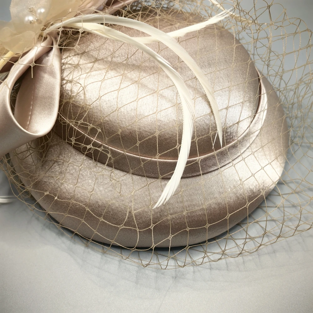 Satin Fascinator Hat With Veil, Bridal Rhiunstone Beaded Hat Fashion Hat for Women Ladies
