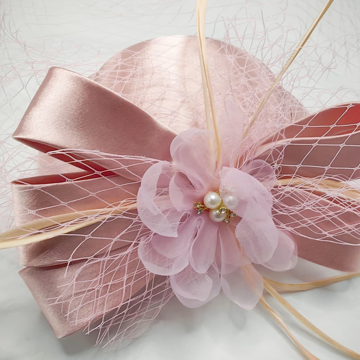 Satin Fascinator Hat With Veil, Bridal Rhiunstone Beaded Hat Fashion Hat for Women Ladies