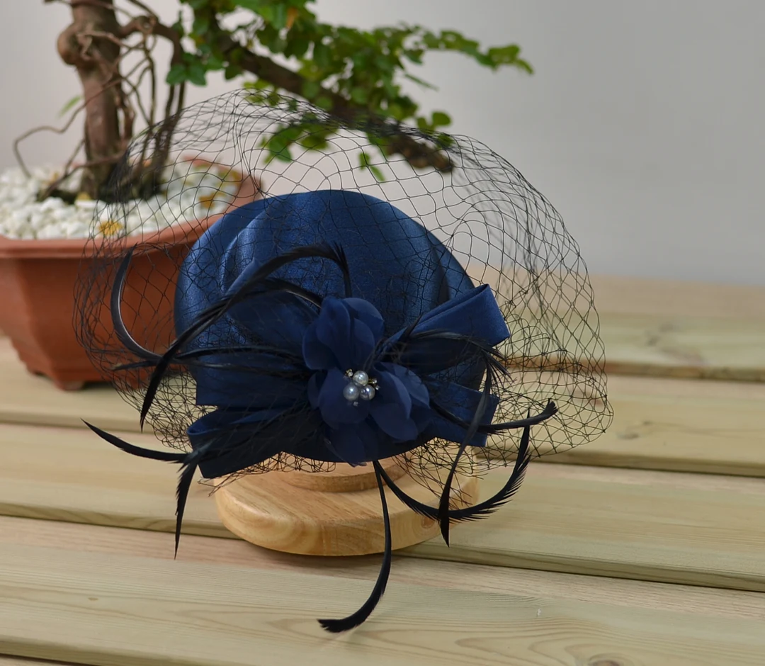 Satin Fascinator Hat With Veil, Bridal Rhiunstone Beaded Hat Fashion Hat for Women Ladies