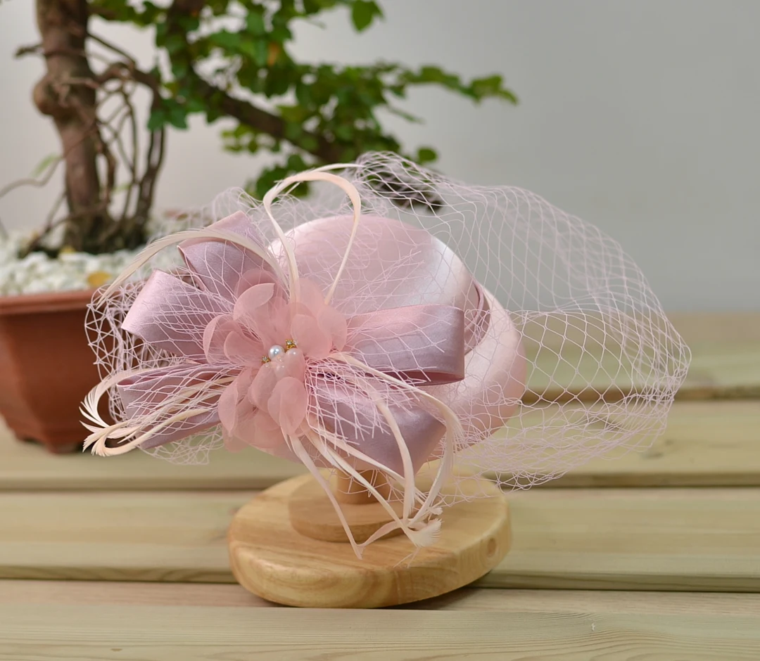 Satin Fascinator Hat With Veil, Bridal Rhiunstone Beaded Hat Fashion Hat for Women Ladies