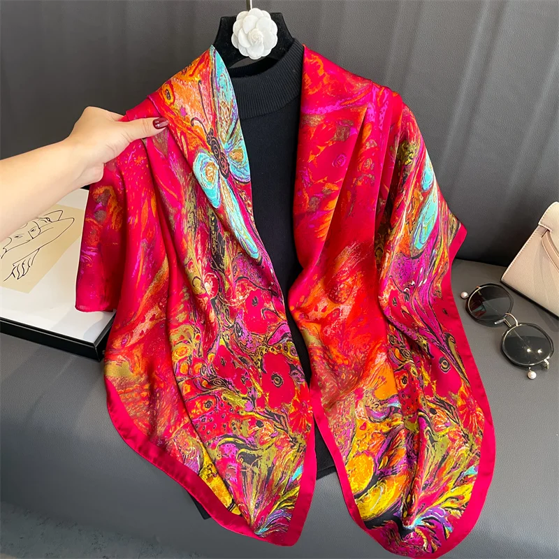 110x110cm Women Silk Square Scarf Hijab Female Design Print Lady Shawl Wraps Foulard Headbands Bufanda Large Bandana Luxury 2023