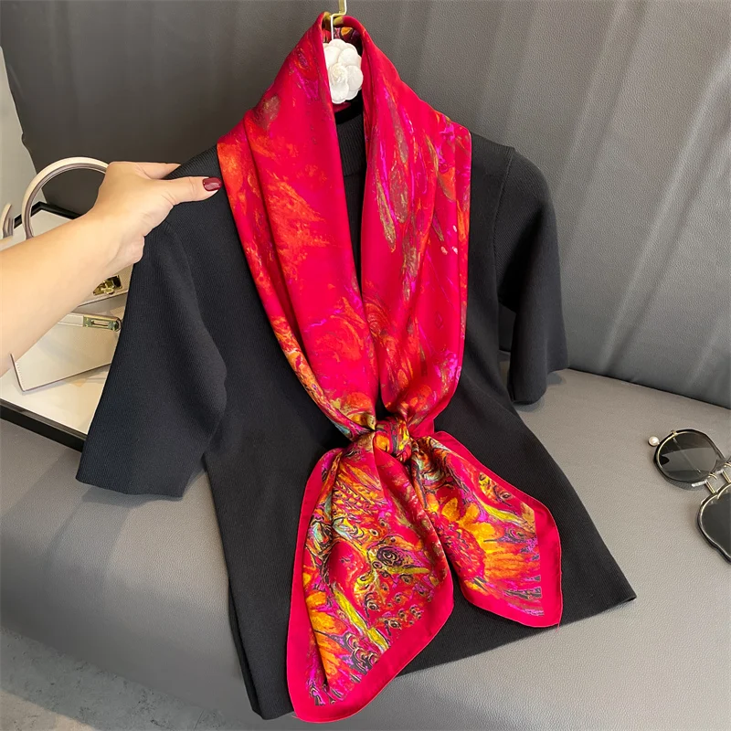110x110cm Women Silk Square Scarf Hijab Female Design Print Lady Shawl Wraps Foulard Headbands Bufanda Large Bandana Luxury 2023