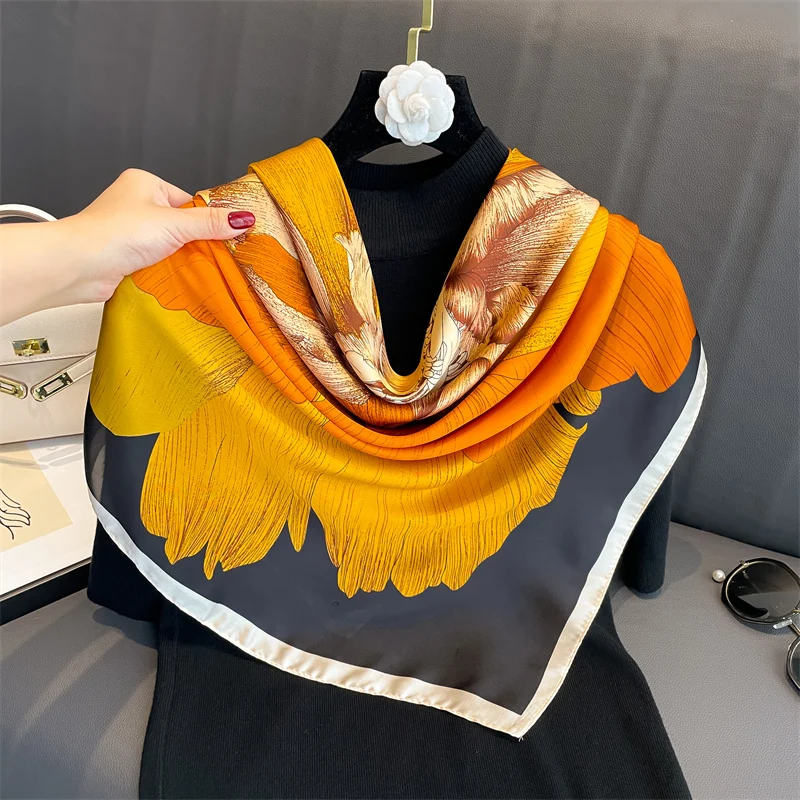 110x110cm Women Silk Square Scarf Hijab Female Design Print Lady Shawl Wraps Foulard Headbands Bufanda Large Bandana Luxury 2023