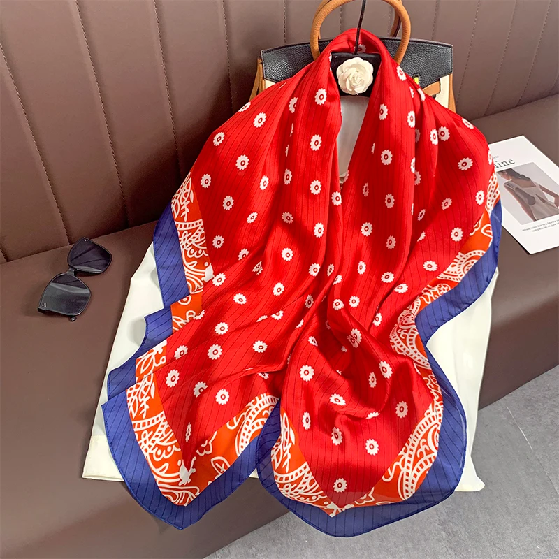 110x110cm Women Silk Square Scarf Hijab Female Design Print Lady Shawl Wraps Foulard Headbands Bufanda Large Bandana Luxury 2023