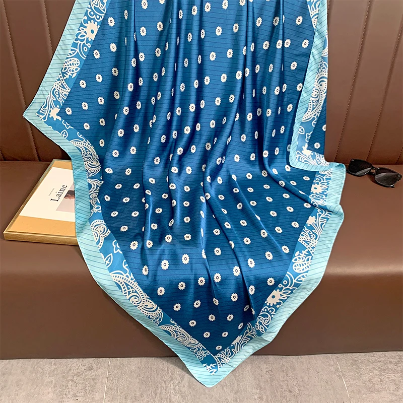 110x110cm Women Silk Square Scarf Hijab Female Design Print Lady Shawl Wraps Foulard Headbands Bufanda Large Bandana Luxury 2023