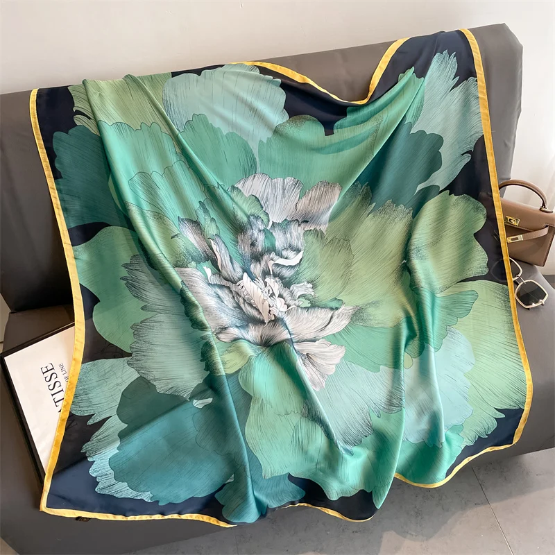 110x110cm Women Silk Square Scarf Hijab Female Design Print Lady Shawl Wraps Foulard Headbands Bufanda Large Bandana Luxury 2023