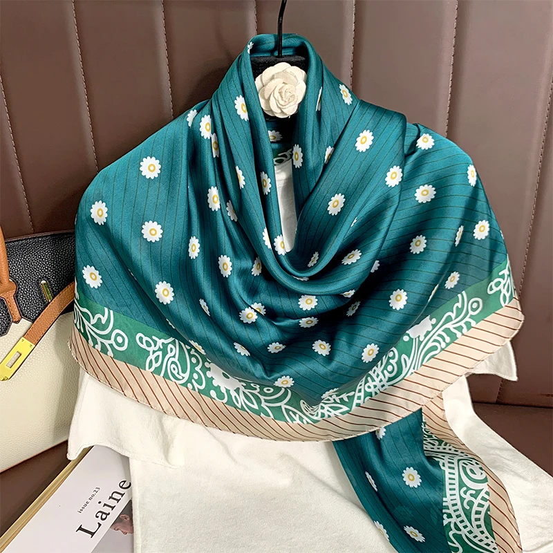 110x110cm Women Silk Square Scarf Hijab Female Design Print Lady Shawl Wraps Foulard Headbands Bufanda Large Bandana Luxury 2023
