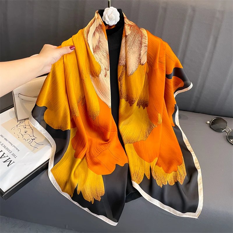 110x110cm Women Silk Square Scarf Hijab Female Design Print Lady Shawl Wraps Foulard Headbands Bufanda Large Bandana Luxury 2023