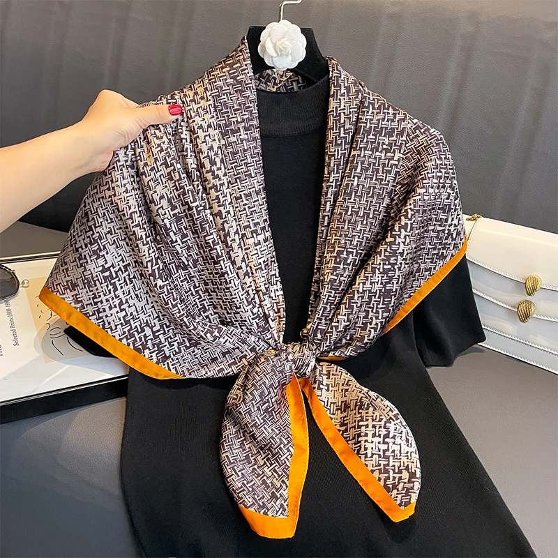 110x110cm Women Silk Square Scarf Hijab Female Design Print Lady Shawl Wraps Foulard Headbands Bufanda Large Bandana Luxury 2023