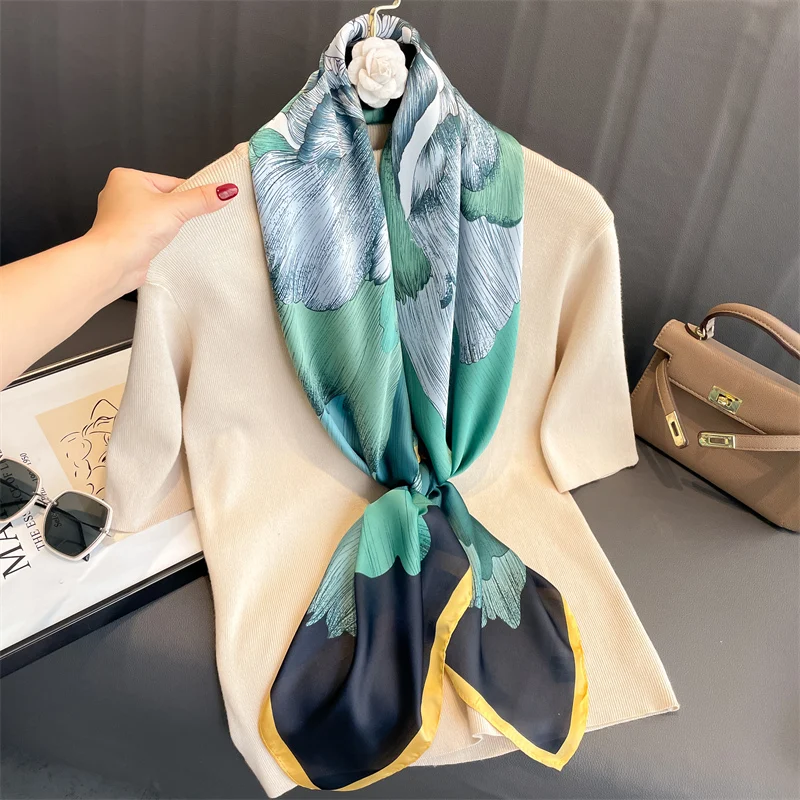 110x110cm Women Silk Square Scarf Hijab Female Design Print Lady Shawl Wraps Foulard Headbands Bufanda Large Bandana Luxury 2023