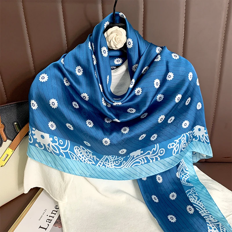 110x110cm Women Silk Square Scarf Hijab Female Design Print Lady Shawl Wraps Foulard Headbands Bufanda Large Bandana Luxury 2023