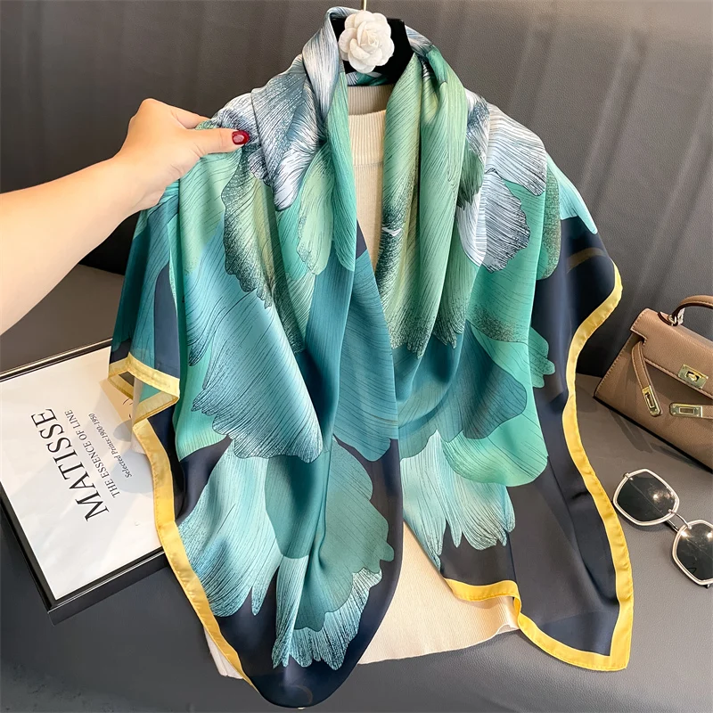 110x110cm Women Silk Square Scarf Hijab Female Design Print Lady Shawl Wraps Foulard Headbands Bufanda Large Bandana Luxury 2023