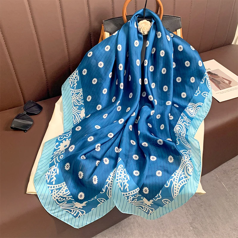 110x110cm Women Silk Square Scarf Hijab Female Design Print Lady Shawl Wraps Foulard Headbands Bufanda Large Bandana Luxury 2023