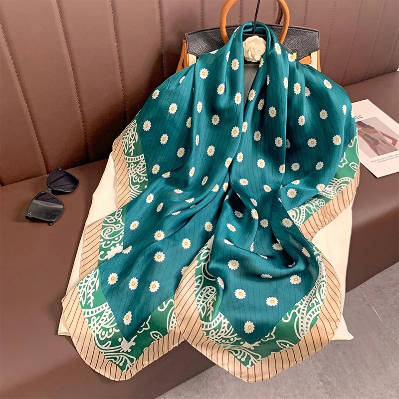 110x110cm Women Silk Square Scarf Hijab Female Design Print Lady Shawl Wraps Foulard Headbands Bufanda Large Bandana Luxury 2023
