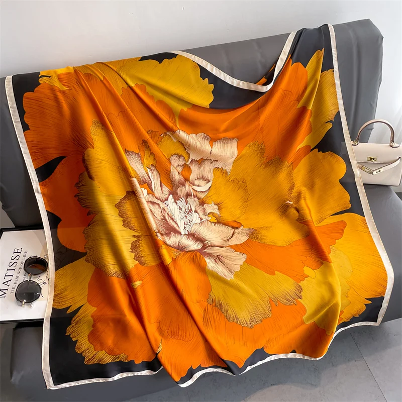 110x110cm Women Silk Square Scarf Hijab Female Design Print Lady Shawl Wraps Foulard Headbands Bufanda Large Bandana Luxury 2023