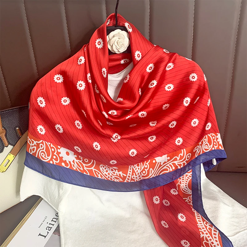 110x110cm Women Silk Square Scarf Hijab Female Design Print Lady Shawl Wraps Foulard Headbands Bufanda Large Bandana Luxury 2023