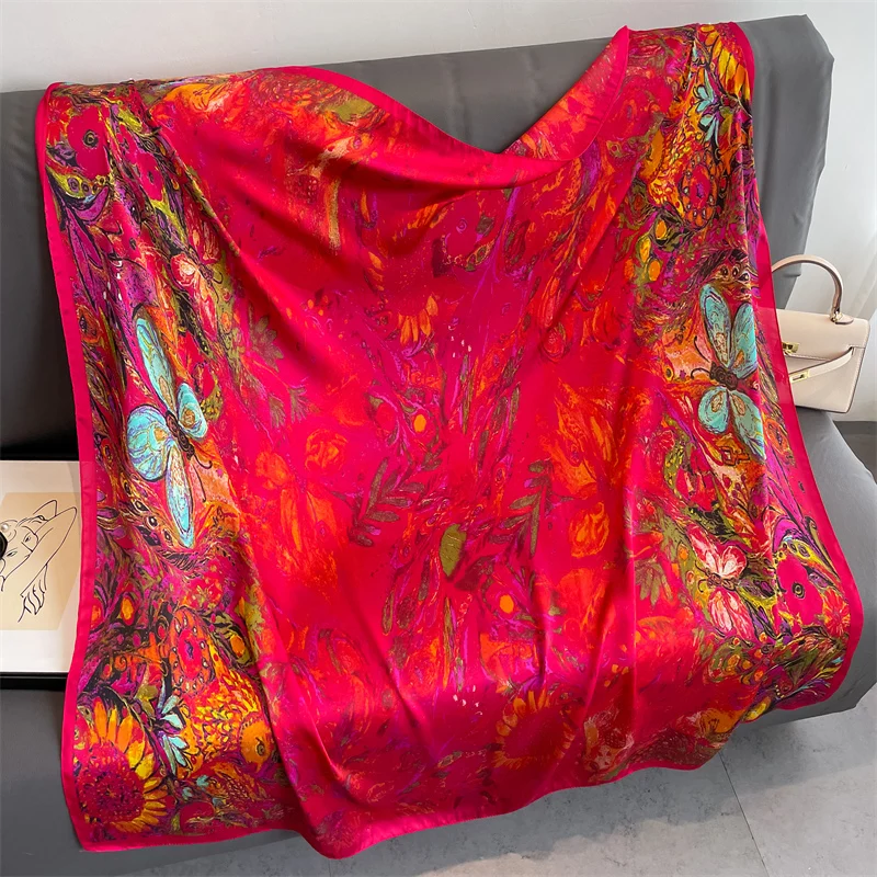 110x110cm Women Silk Square Scarf Hijab Female Design Print Lady Shawl Wraps Foulard Headbands Bufanda Large Bandana Luxury 2023