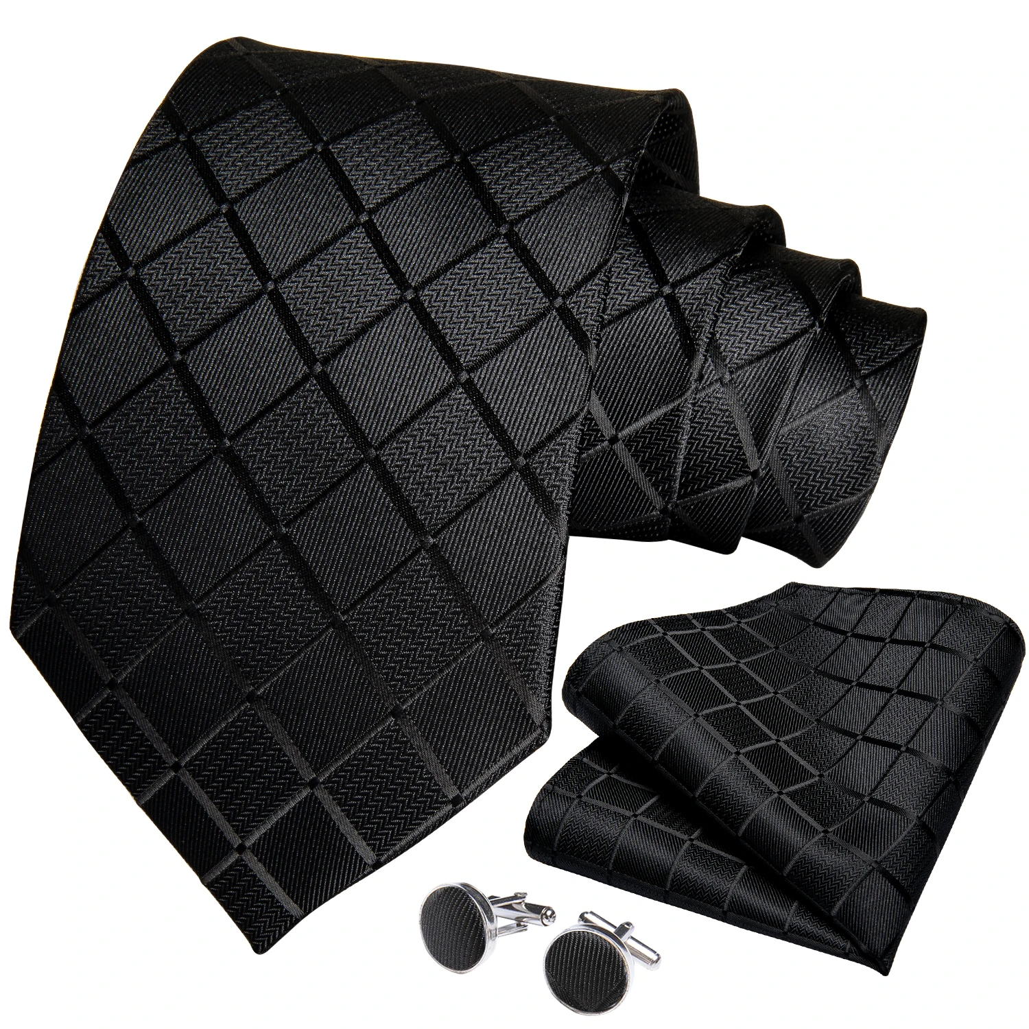 DiBanGu Business Plaid Black Solid Luxury Elegant Silk Ties for Men Designer Tie Buckle Handkerchief Cufflinks Wedding Accessory