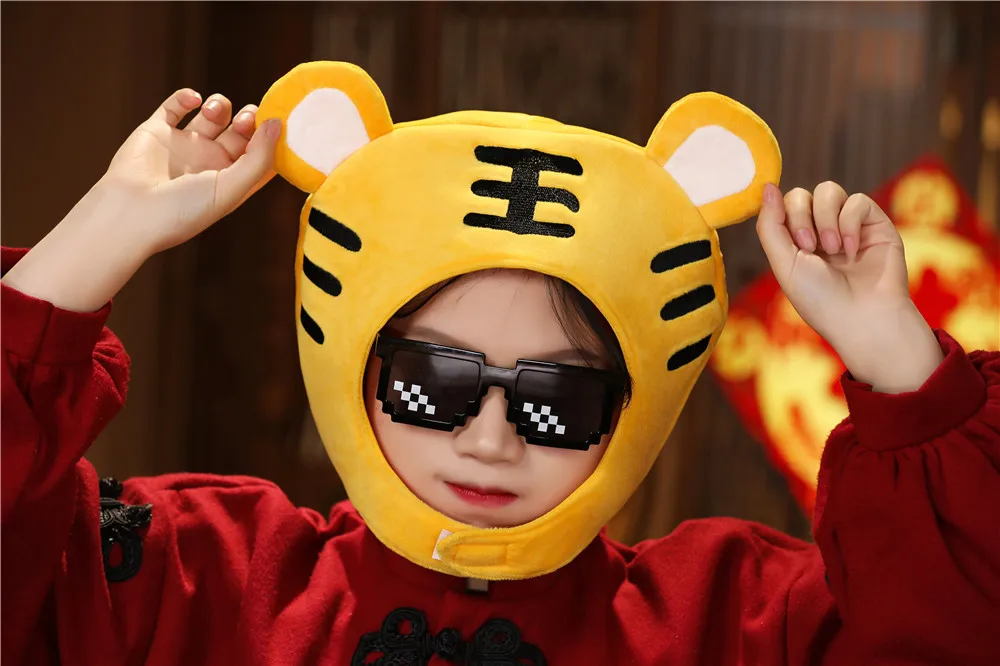 Chinese Zodiac Tiger Toy Hat Cap, Cartoon Animal Head Mascot Hats, Creative Kids Plush Hood, Children Party Toys Favors