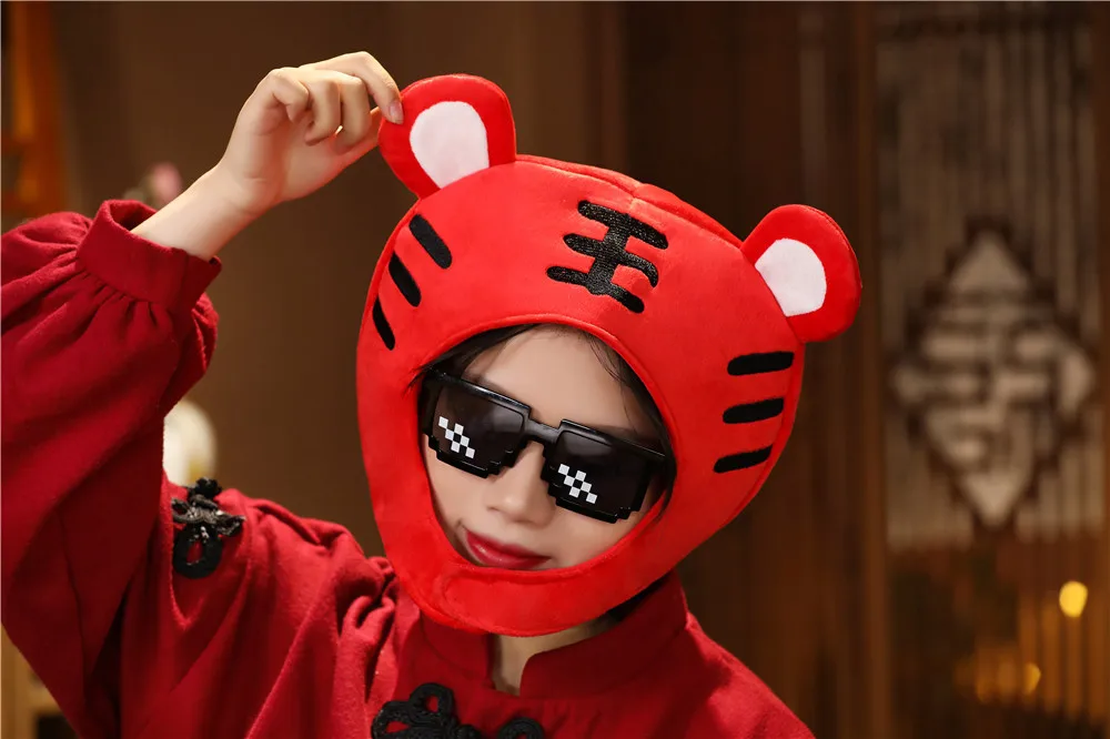 Chinese Zodiac Tiger Toy Hat Cap, Cartoon Animal Head Mascot Hats, Creative Kids Plush Hood, Children Party Toys Favors