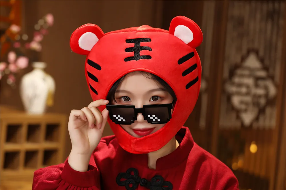 Chinese Zodiac Tiger Toy Hat Cap, Cartoon Animal Head Mascot Hats, Creative Kids Plush Hood, Children Party Toys Favors
