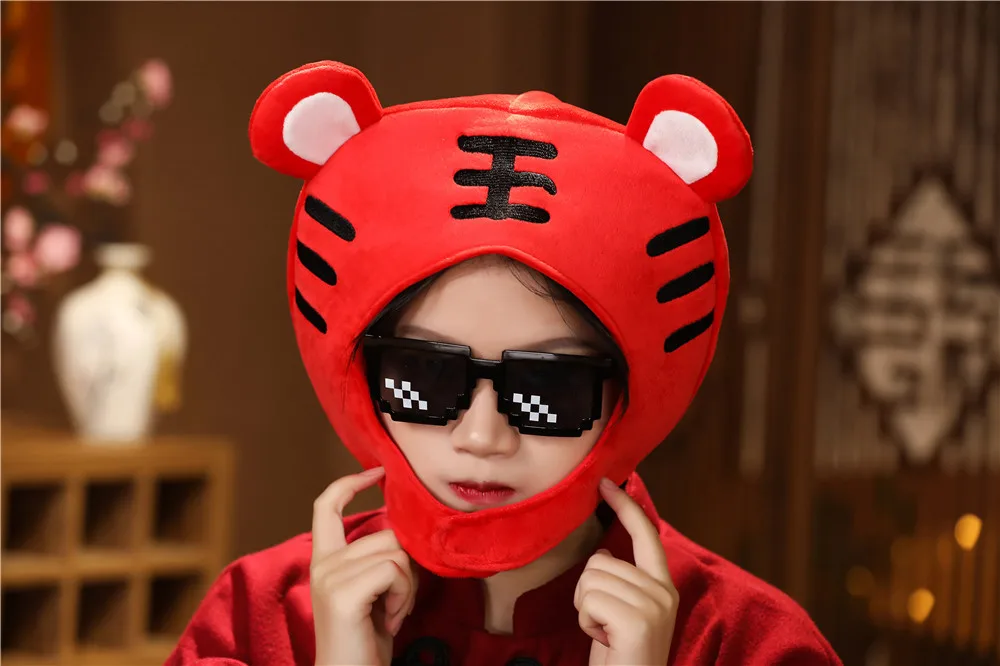 Chinese Zodiac Tiger Toy Hat Cap, Cartoon Animal Head Mascot Hats, Creative Kids Plush Hood, Children Party Toys Favors