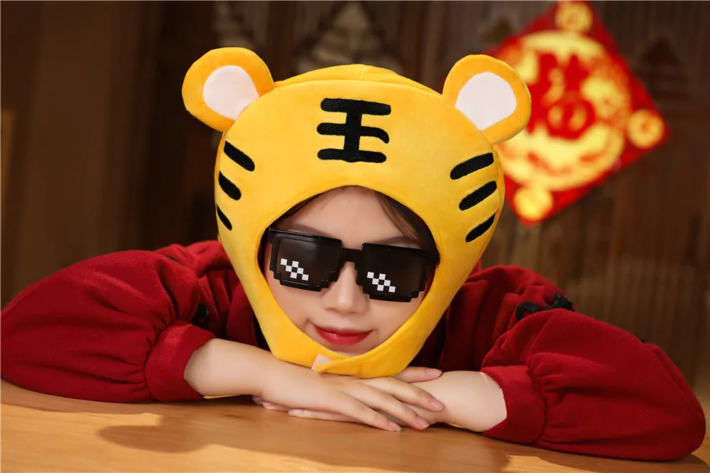 Chinese Zodiac Tiger Toy Hat Cap, Cartoon Animal Head Mascot Hats, Creative Kids Plush Hood, Children Party Toys Favors