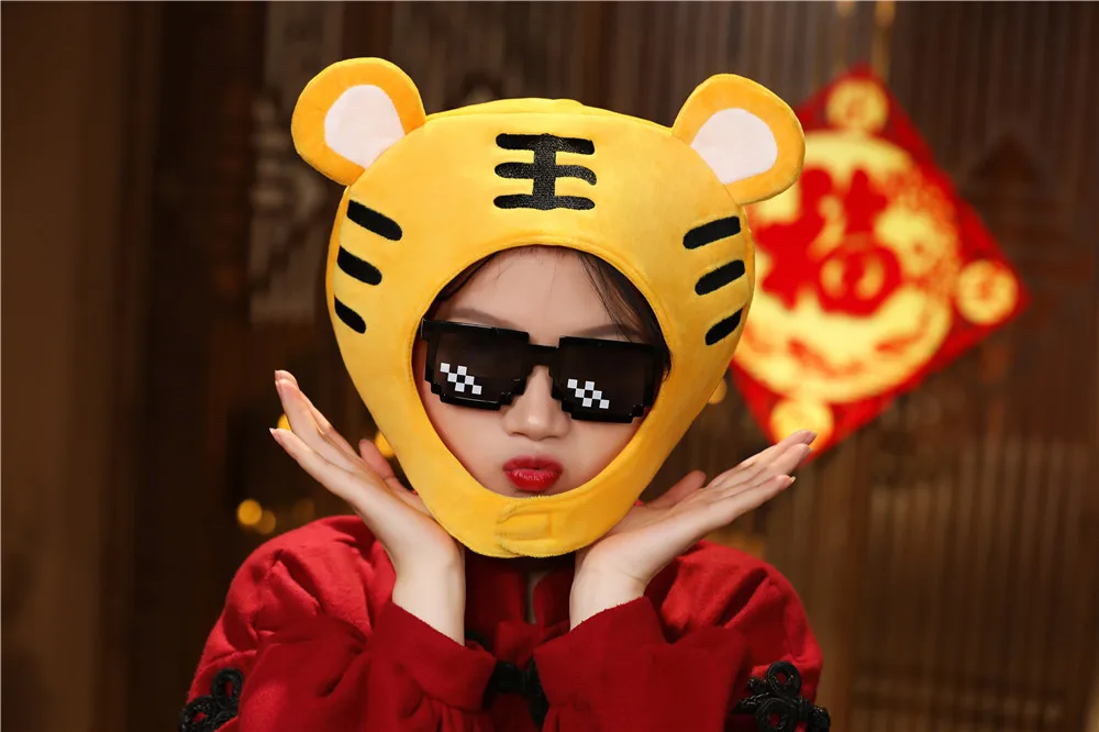Chinese Zodiac Tiger Toy Hat Cap, Cartoon Animal Head Mascot Hats, Creative Kids Plush Hood, Children Party Toys Favors