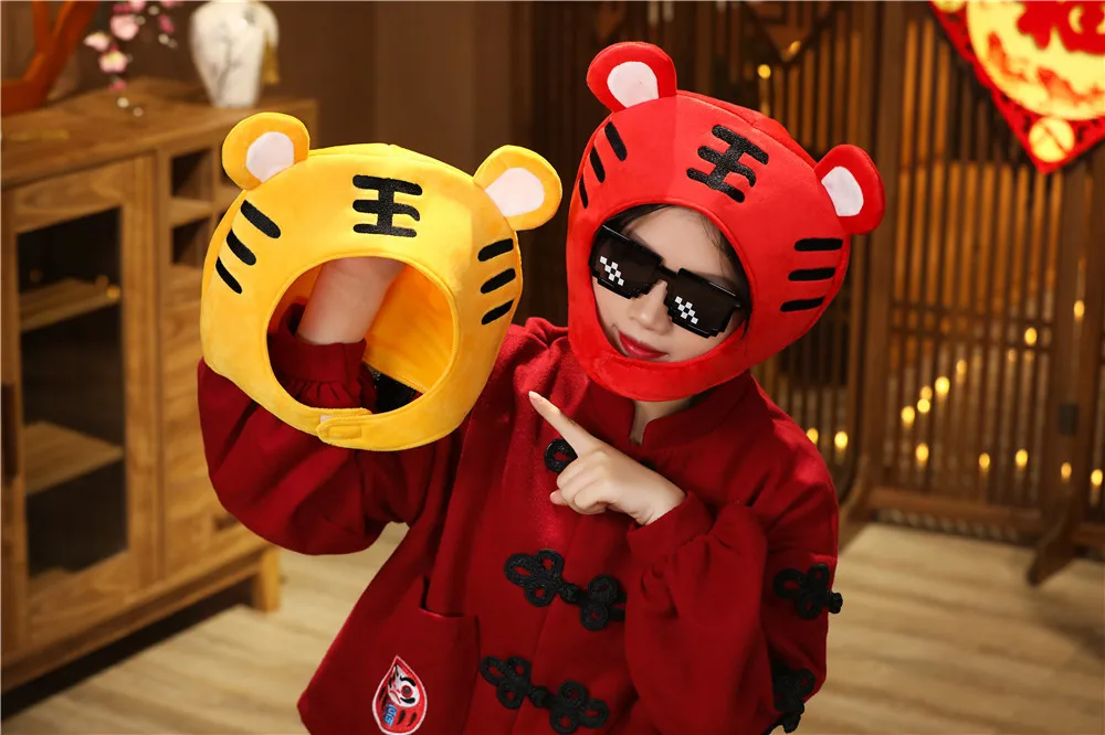 Chinese Zodiac Tiger Toy Hat Cap, Cartoon Animal Head Mascot Hats, Creative Kids Plush Hood, Children Party Toys Favors