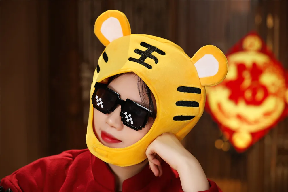 Chinese Zodiac Tiger Toy Hat Cap, Cartoon Animal Head Mascot Hats, Creative Kids Plush Hood, Children Party Toys Favors