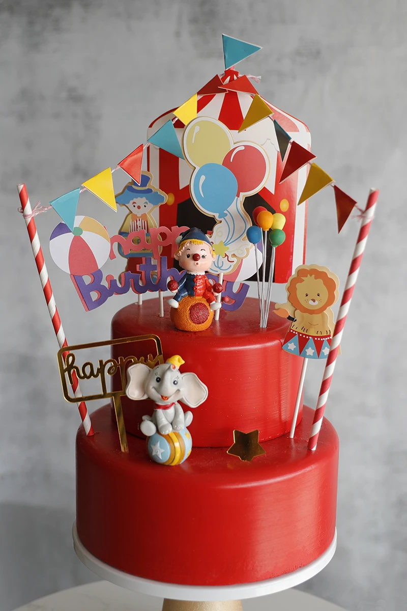 Baby Children's Happy Birthday Cake Topper Costume Circus Clown Elephant Party Dessert Card Dolls Cake Decoration Anniversary