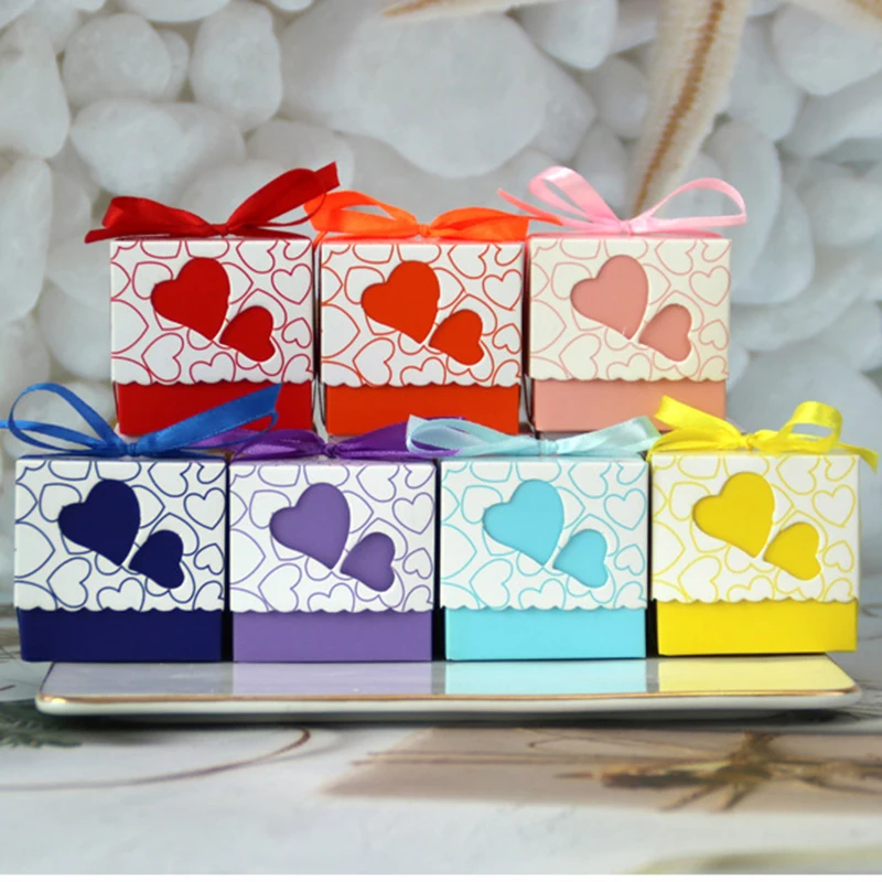 50Pcs Love Heart Candy Boxes With Ribbon Favors Gifts Box Christening Baby Shower Wedding Souvenirs Gifts for Guest Party Supply
