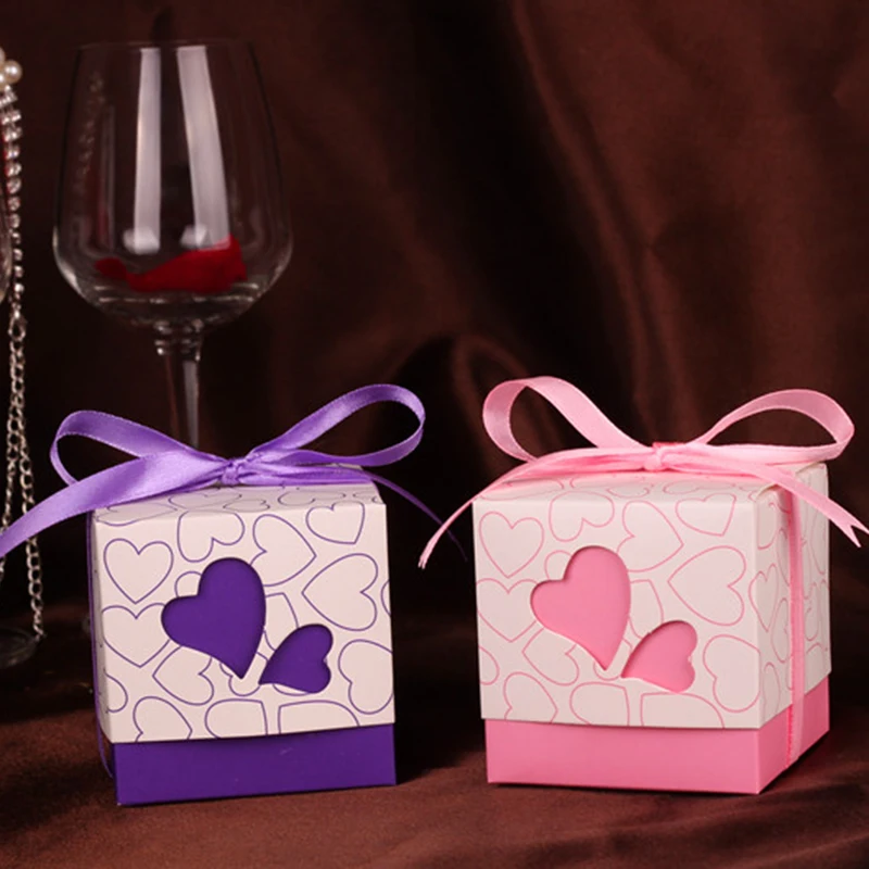 50Pcs Love Heart Candy Boxes With Ribbon Favors Gifts Box Christening Baby Shower Wedding Souvenirs Gifts for Guest Party Supply
