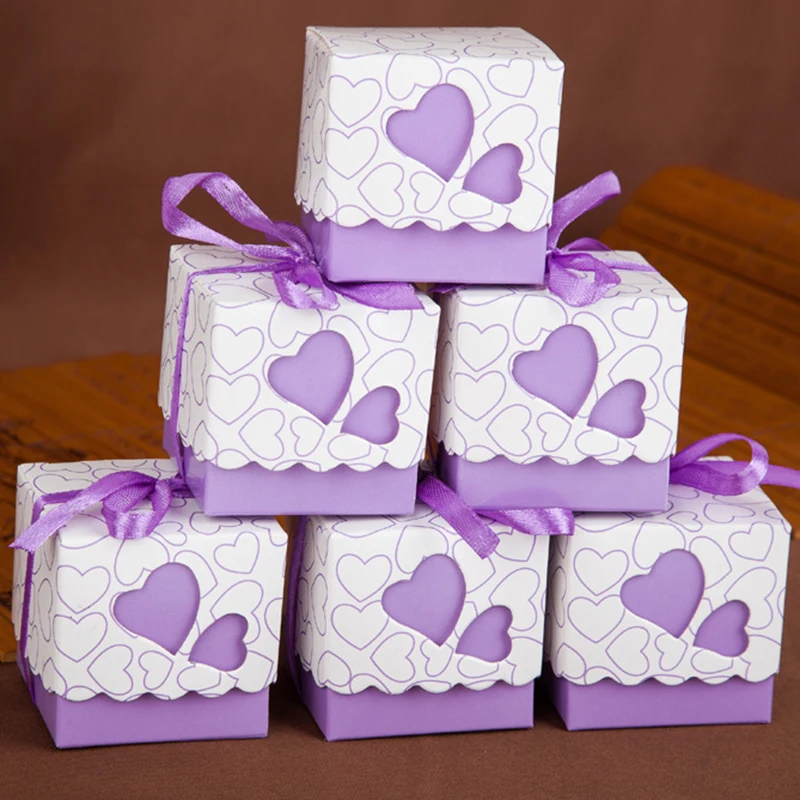 50Pcs Love Heart Candy Boxes With Ribbon Favors Gifts Box Christening Baby Shower Wedding Souvenirs Gifts for Guest Party Supply