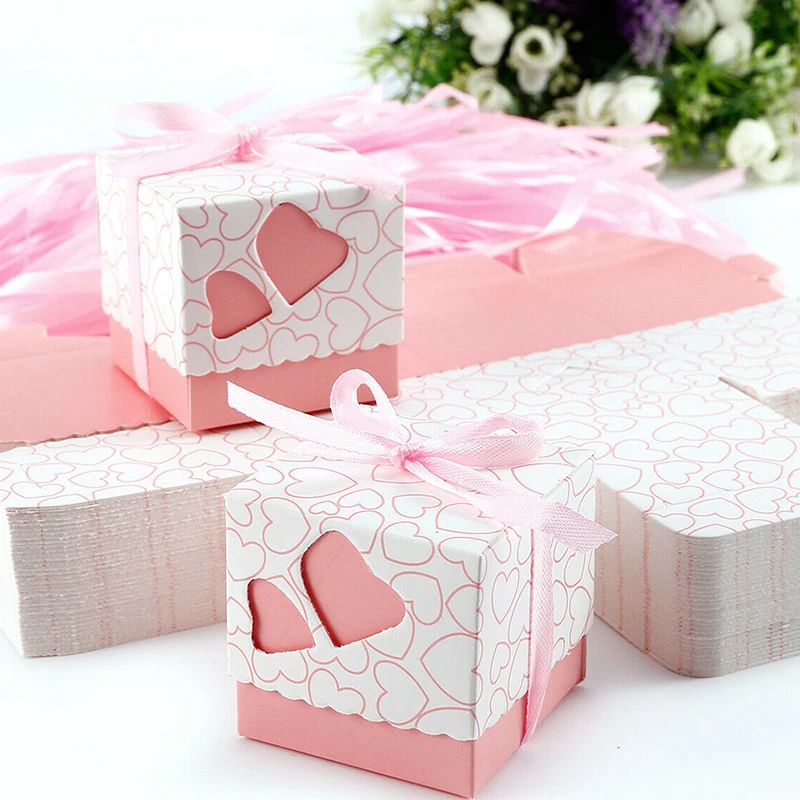 50Pcs Love Heart Candy Boxes With Ribbon Favors Gifts Box Christening Baby Shower Wedding Souvenirs Gifts for Guest Party Supply