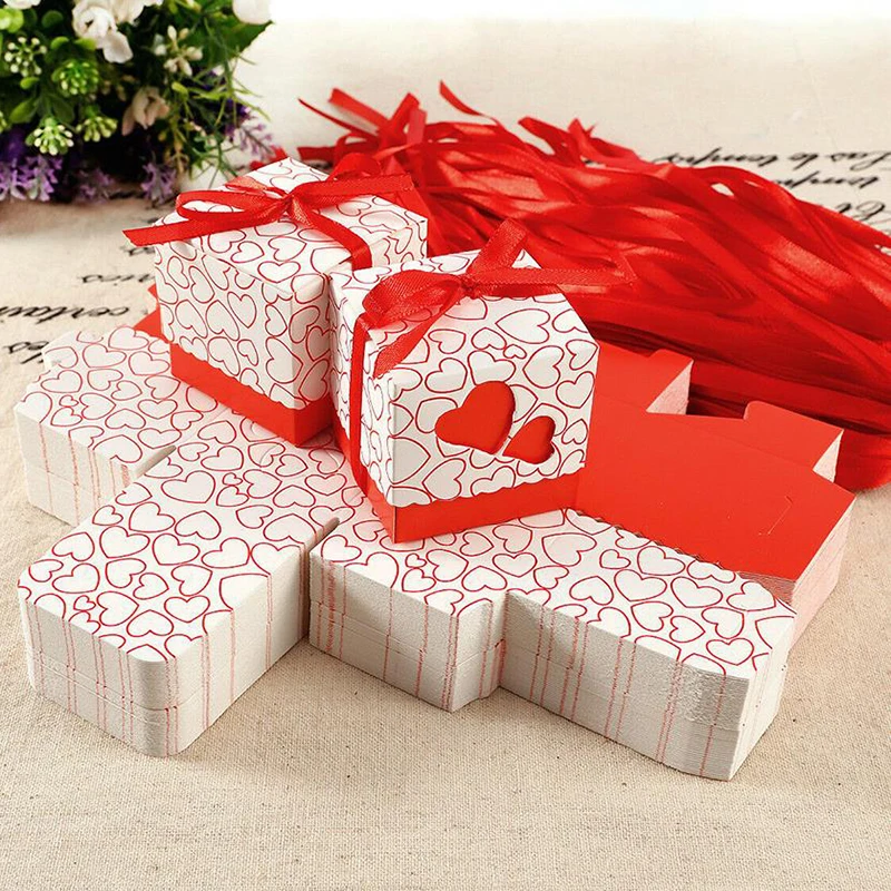 50Pcs Love Heart Candy Boxes With Ribbon Favors Gifts Box Christening Baby Shower Wedding Souvenirs Gifts for Guest Party Supply