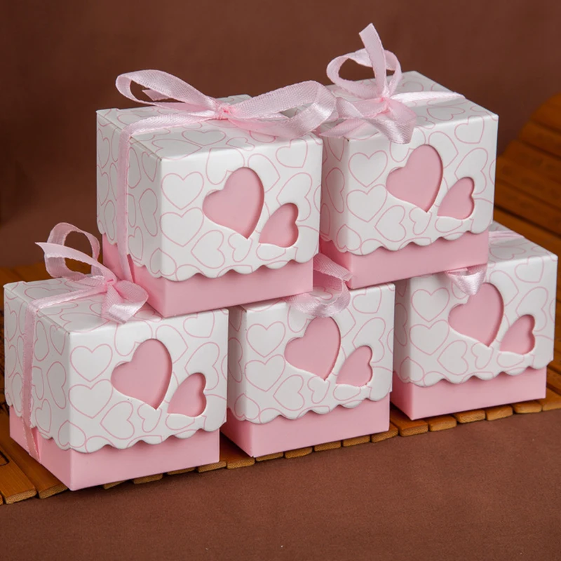 50Pcs Love Heart Candy Boxes With Ribbon Favors Gifts Box Christening Baby Shower Wedding Souvenirs Gifts for Guest Party Supply