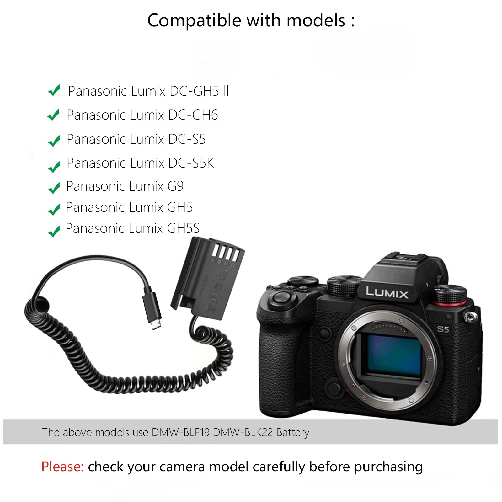 Type-C DMW-BLK22 Dummy Battery DMW-DCC17 Power Adapter for Panasonic DC-S5 DC-S5K Lumix S5 LUMIX GH6