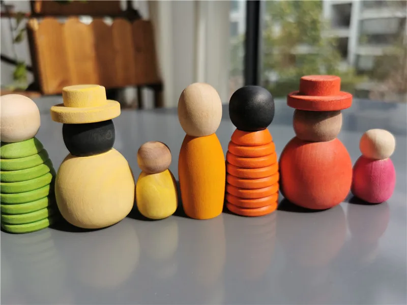 Wooden Montessori Toys Handmade Rainbow Peg Dolls Together Stacking Figurines Blocks For Children Open-ended Play