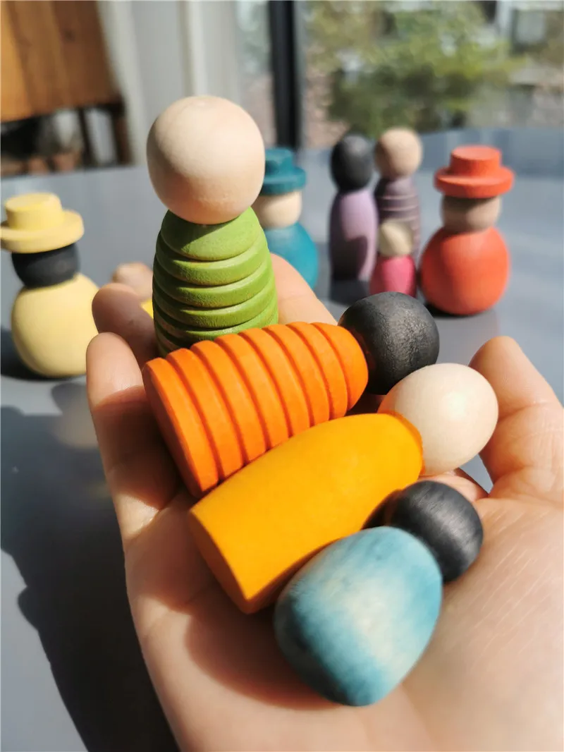 Wooden Montessori Toys Handmade Rainbow Peg Dolls Together Stacking Figurines Blocks For Children Open-ended Play