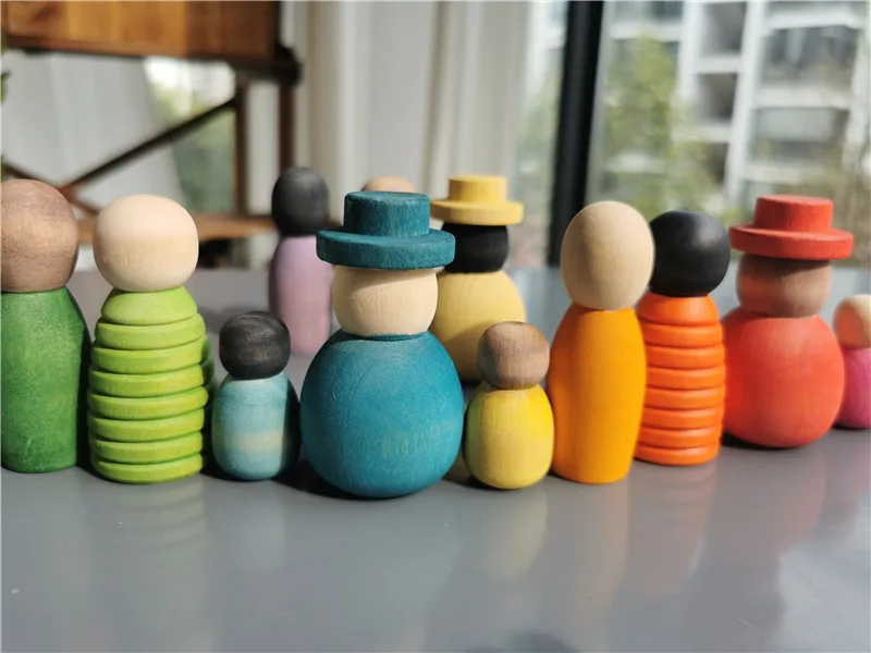 Wooden Montessori Toys Handmade Rainbow Peg Dolls Together Stacking Figurines Blocks For Children Open-ended Play