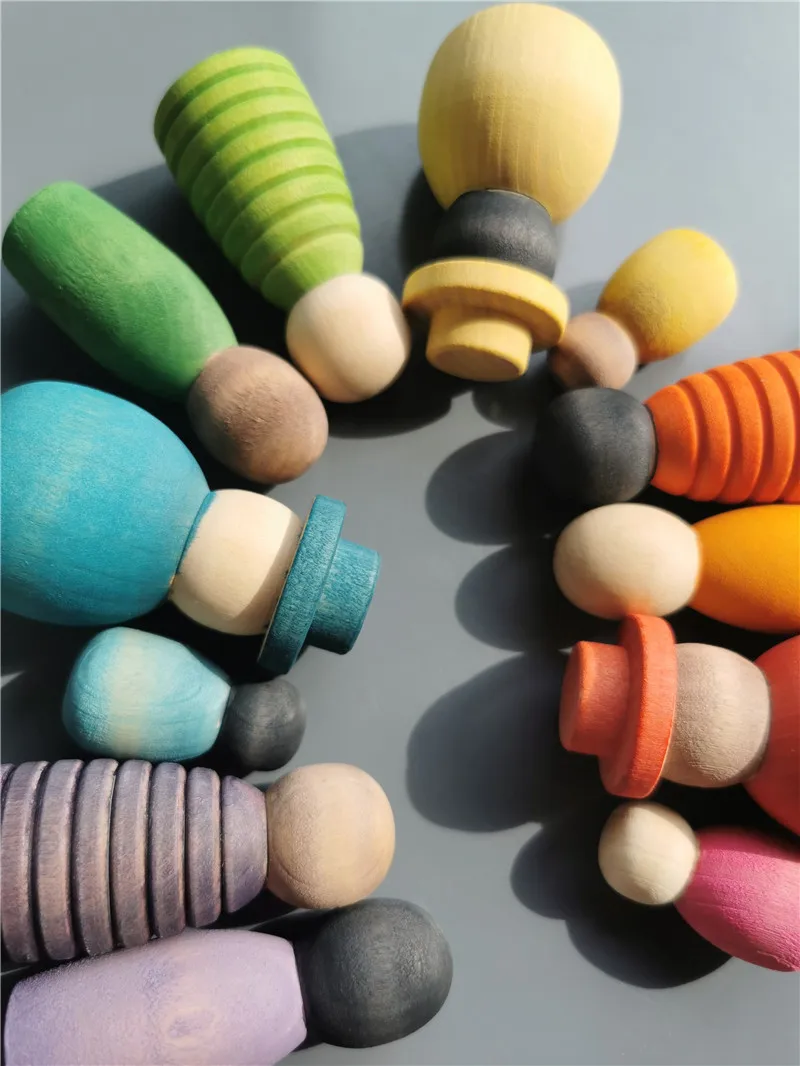 Wooden Montessori Toys Handmade Rainbow Peg Dolls Together Stacking Figurines Blocks For Children Open-ended Play