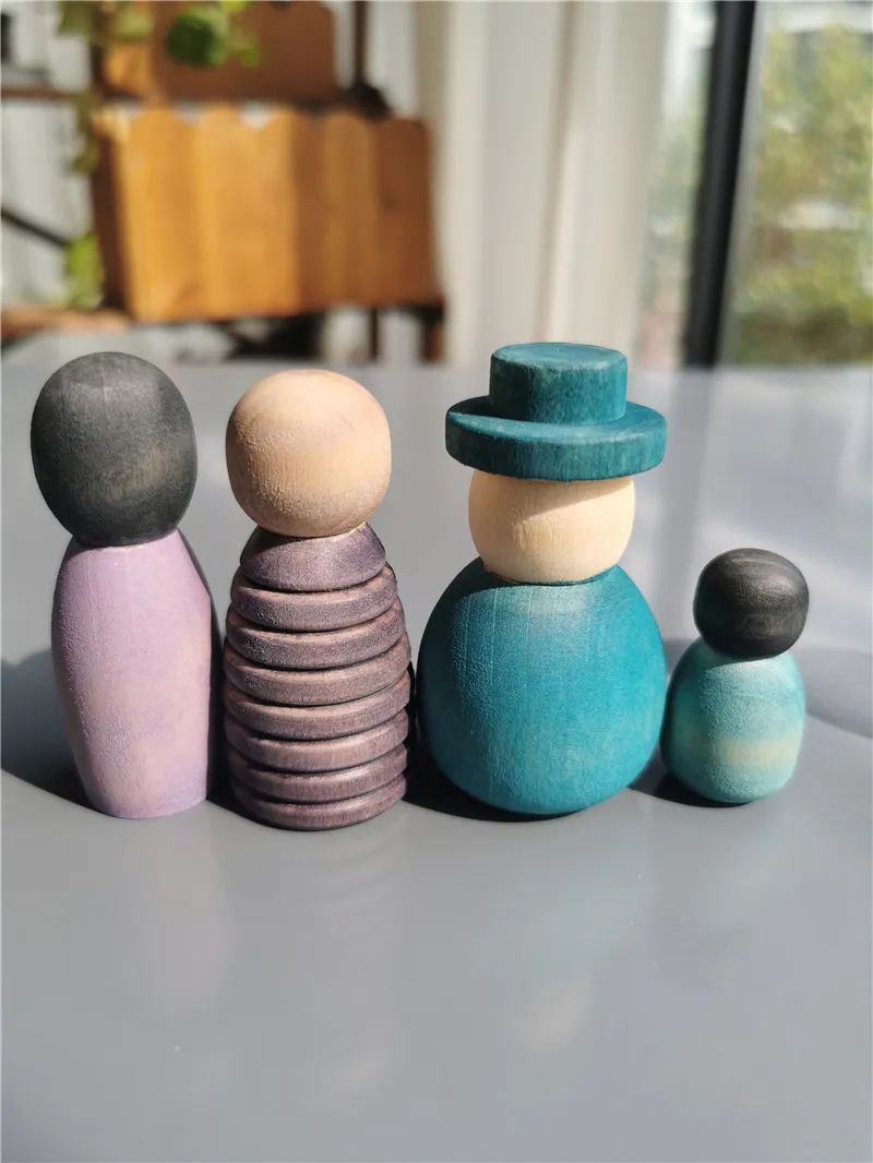Wooden Montessori Toys Handmade Rainbow Peg Dolls Together Stacking Figurines Blocks For Children Open-ended Play