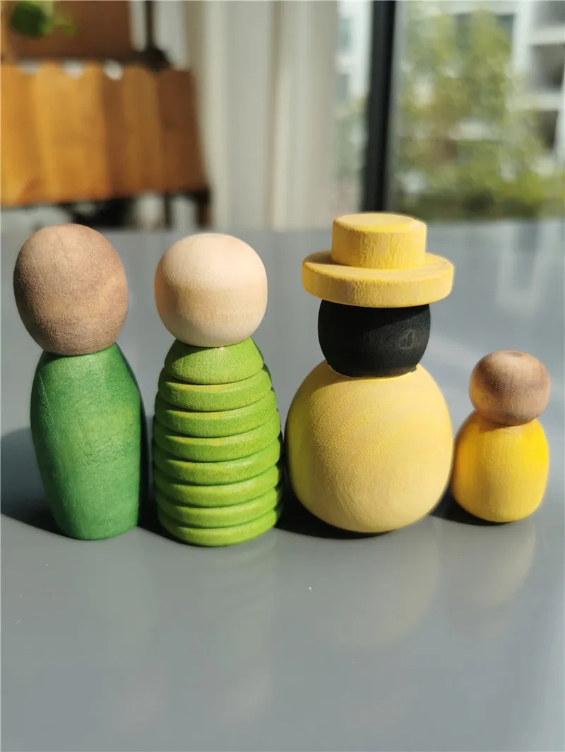 Wooden Montessori Toys Handmade Rainbow Peg Dolls Together Stacking Figurines Blocks For Children Open-ended Play