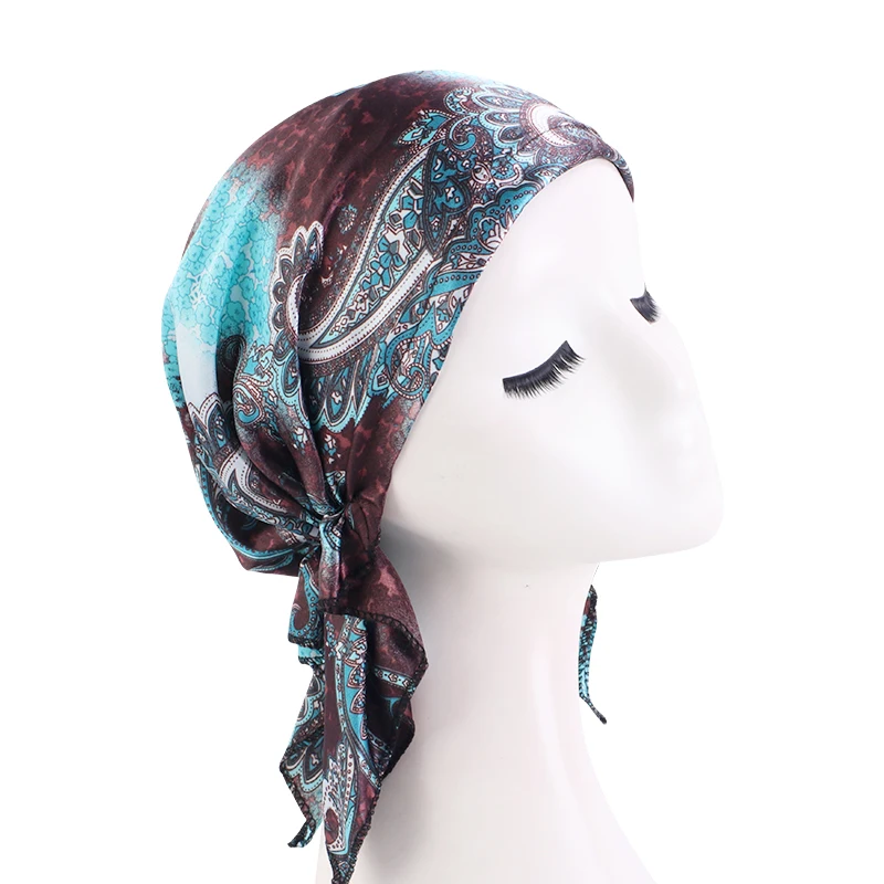 Satin Turban for Women Pre-tied Newly Fashion Printed Flowers Headband Cap Muslim Head Scarf Soft to Wear Ladies Hair Loss Cover