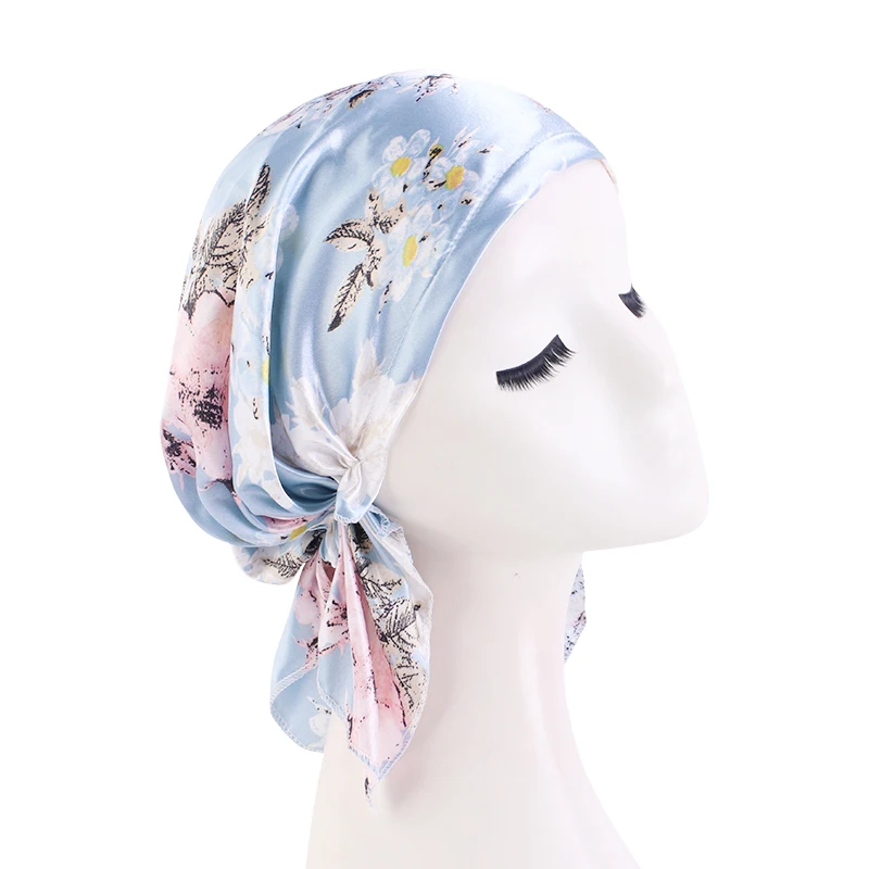 Satin Turban for Women Pre-tied Newly Fashion Printed Flowers Headband Cap Muslim Head Scarf Soft to Wear Ladies Hair Loss Cover