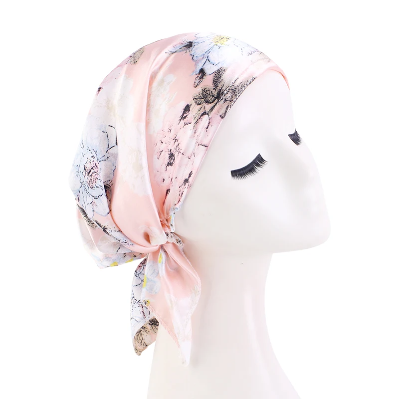 Satin Turban for Women Pre-tied Newly Fashion Printed Flowers Headband Cap Muslim Head Scarf Soft to Wear Ladies Hair Loss Cover
