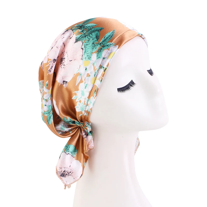 Satin Turban for Women Pre-tied Newly Fashion Printed Flowers Headband Cap Muslim Head Scarf Soft to Wear Ladies Hair Loss Cover